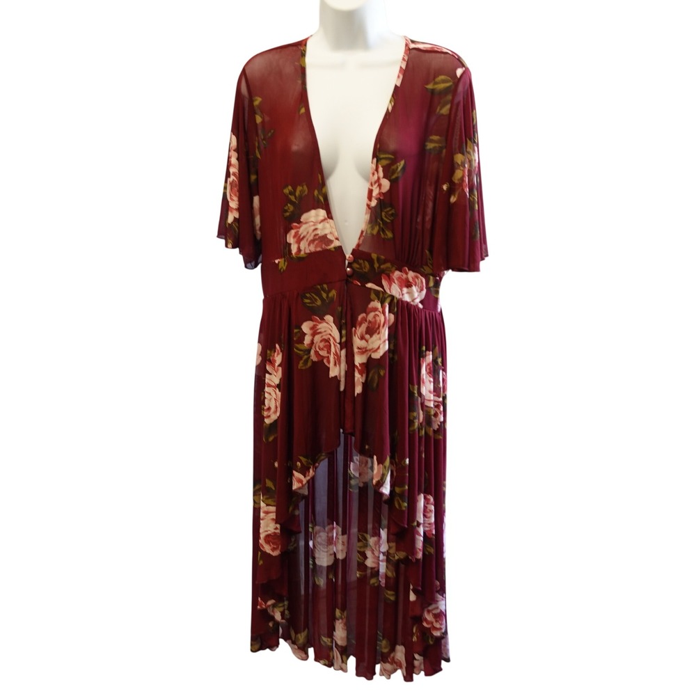 Womens Dark Floral Fairy Grunge Mesh‎ Midi Dress Sheer Duster Large Whimsigoth